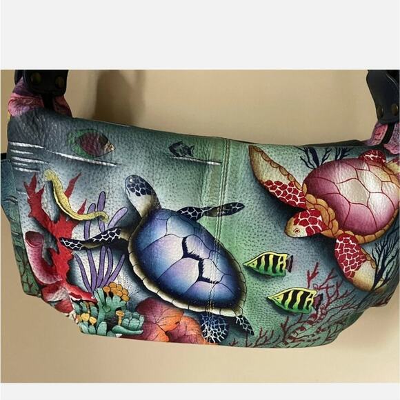 Anuschka Sea Life sea turtle fish hand painted leather shoulder bag Purse new - Picture 11 of 16